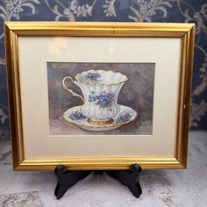 Barbara Mock Blue Nosegay Teacup Framed Art Print Floral Still Life Gold Frame